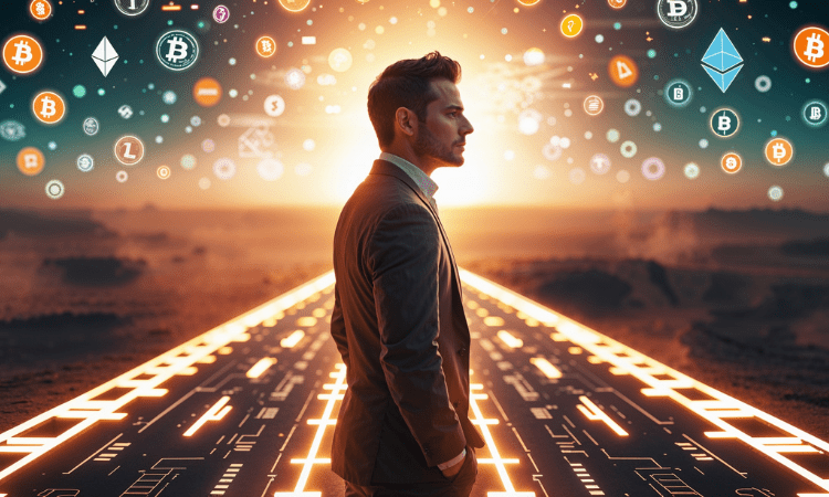 Investor standing on glowing AI-chip-patterned blockchain road