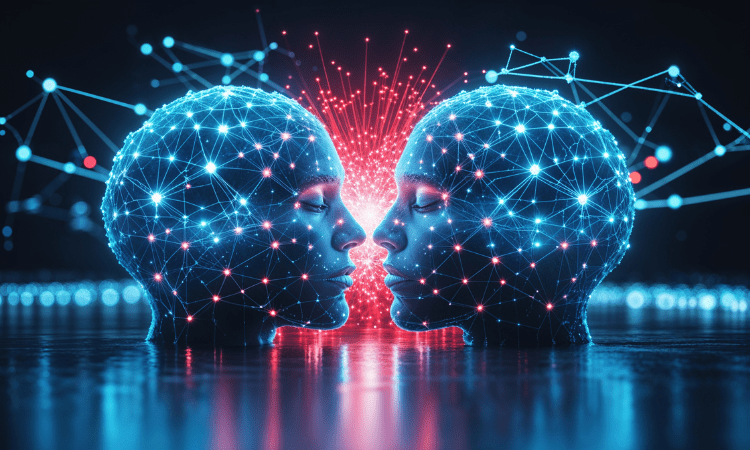 AI and blockchain connection – data integrity and machine learning visualization.