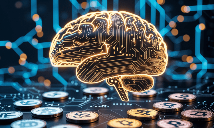 AI crypto tokens concept – blockchain and artificial intelligence fusion illustration.