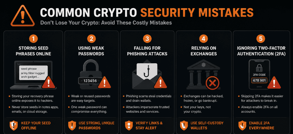 crypto wallet security infographic showing common investor mistakes